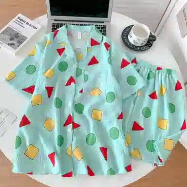 夏芬妍 可爱卡通几何图形翻领云朵棉短袖短裤家居服柔软舒适休闲可外穿夏季睡衣套装 女款