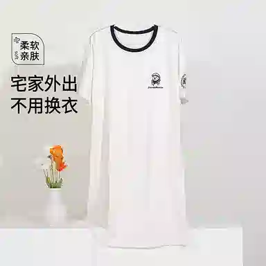 夏芬妍 时尚柔软亲肤海军小熊圆领家居服简约休闲舒适短袖睡衣可外穿睡裙 女款 白色