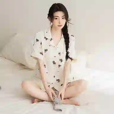 夏芬妍 甜美可爱卡通婴儿棉双层纱翻领短袖短裤家居服简约休闲可外穿睡衣套装 女款