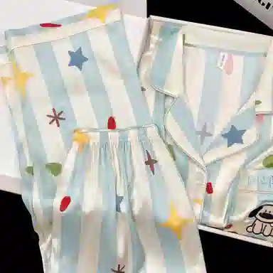夏芬妍 甜美休闲舒适条纹星星小狗冰丝家居服亲肤宽松短袖短裤长裤时尚可外穿睡衣套装 女款