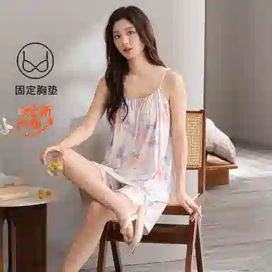 夏芬妍 甜美多巴胺晕染舒适亲肤宽松凉感吊带短裤休闲带胸垫可外穿家居服睡衣套装 女款