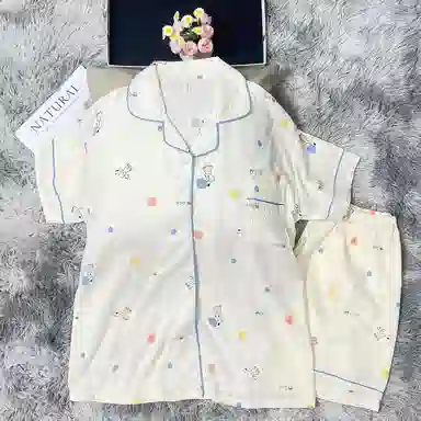夏芬妍 卡通满印彩点小狗翻领云朵棉短袖短裤家居服可爱舒适休闲简约可外穿睡衣套装 女款 杏色