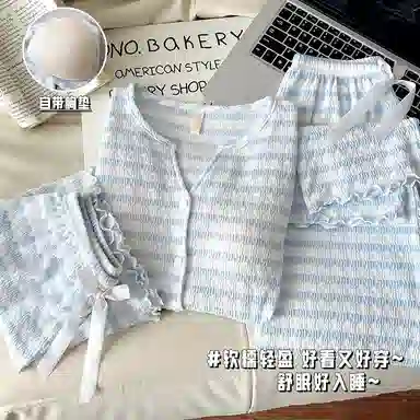 夏芬妍 舒适百搭条纹带胸垫开衫家居服亲肤休闲短袖时尚可外穿睡衣套装 女款 蓝色