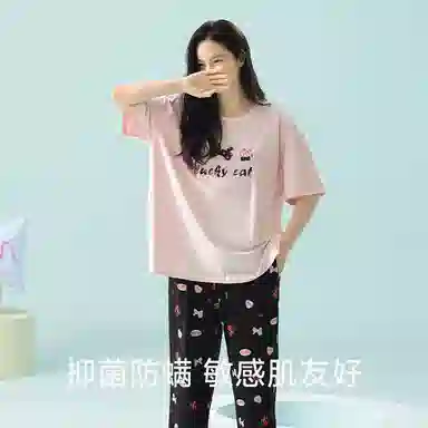 夏芬妍 时尚舒适柔软蝴蝶结樱桃小猫莫代尔棉家居服凉感透气亲肤宽松短袖长裤可外穿睡衣套装 女款 粉色