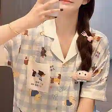 夏芬妍 柔软舒适格子小狗云朵棉翻领开衫家居服亲肤休闲短袖短裤时尚可外穿睡衣套装 女款 蓝色