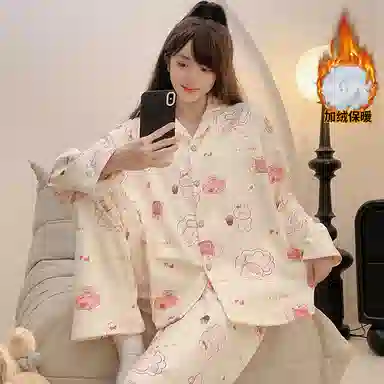 夏芬妍 舒适亲肤幸运兔满印德绒家居服加绒加厚保暖蓄温长袖长裤可外穿秋冬款睡衣礼盒 女款 杏色