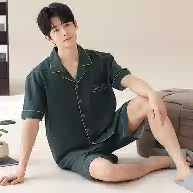 夏芬妍 简约舒适柔软翻领家居服亲肤休闲短袖上衣可外穿五分裤睡衣套装 男款 墨绿色
