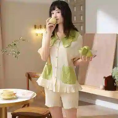 夏芬妍 甜美柔软舒适小凤梨云朵棉公主翻领家居服亲肤休闲短袖短裤可外穿睡衣套装 女款 杏绿色