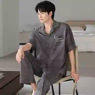夏芬妍 简约时尚大方柔软舒适不规则纹理翻领家居服亲肤休闲短袖长裤可外穿睡衣套装 男款 灰色