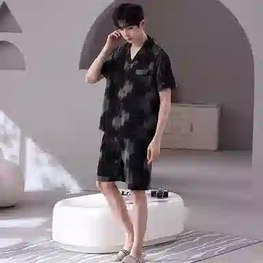夏芬妍 时尚休闲高级感抽象方格云朵棉翻领舒适亲肤宽松短袖三件套可外穿家居服睡衣套装 男款
