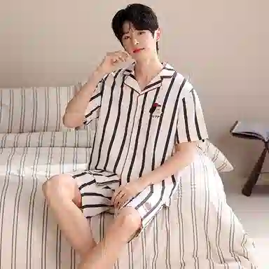 夏芬妍 简约舒适柔软条纹纯棉翻领家居服透气亲肤宽松短袖短裤可外穿睡衣套装 男女同款 杏色