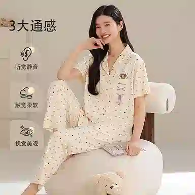 夏芬妍 时尚柔软亲肤波点绑绳翻领开衫家居服简约休闲舒适短袖长裤可外穿睡衣套装 女款 米黄色