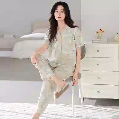 夏芬妍 简约柔软舒适花卉满印翻领短袖上衣家居服亲肤休闲可外穿长裤睡衣套装 女款 灰绿色