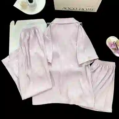 夏芬妍 简约休闲高级感蝴蝶结冰丝翻领带胸垫家居服舒适亲肤宽松短袖三件套可外穿睡衣套装 女款 紫色