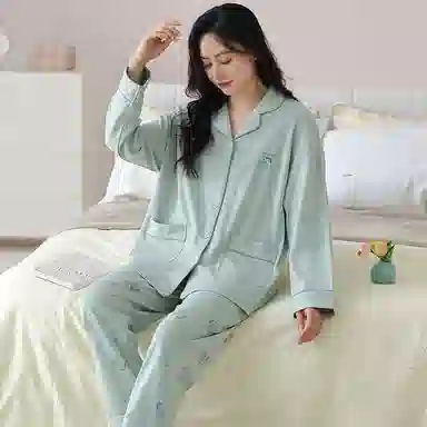 夏芬妍 休闲舒适简约高级感印花经典翻领开衫家居服柔软亲肤长袖长裤可外穿睡衣套装 女款 蓝色