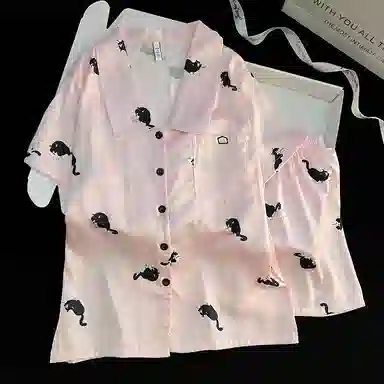 夏芬妍 甜美可爱卡通小黑猫冰丝翻领短袖短裤家居服柔软舒适休闲可外穿夏季睡衣套装 女款