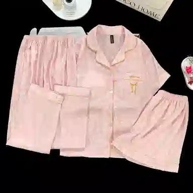 夏芬妍 简约休闲高级感蝴蝶结冰丝翻领带胸垫家居服舒适亲肤宽松短袖三件套可外穿睡衣套装 女款 粉色