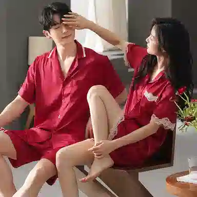 夏芬妍 大红喜庆系列  舒适丝滑柔软结婚本命年翻领冰丝家居服休闲长袖长裤短袖短裤可外穿睡衣套装 男女同款