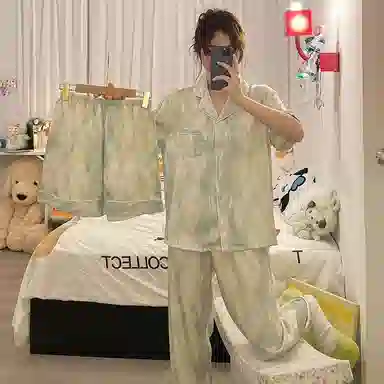 夏芬妍 裸感丝滑舒适柔软流光翻领冰丝短袖三件套简约可外穿家居服睡衣套装 女款 绿色