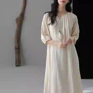 夏芬妍  轻盈舒适柔软侘寂风纯色绑绳睡衣家居服休闲亲肤宽松短袖可外穿睡裙 女款 杏色