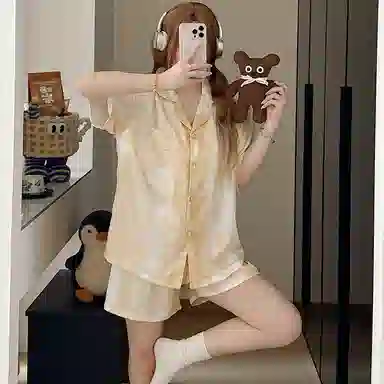 夏芬妍 休闲舒适高级感晕染冰丝翻领家居服亲肤宽松短袖短裤长裤时尚可外穿夏季睡衣套装 女款