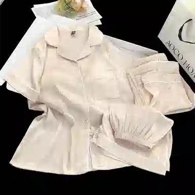 夏芬妍 舒适高级感法斗烫银冰丝翻领亲肤宽松凉感短袖三件套时尚简约带胸垫可外穿家居服睡衣套装 女款