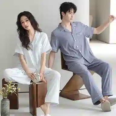 夏芬妍 柔软舒适纯色云朵棉时尚翻领开衫家居服休闲亲肤可外穿短袖长裤睡衣套装 男女同款