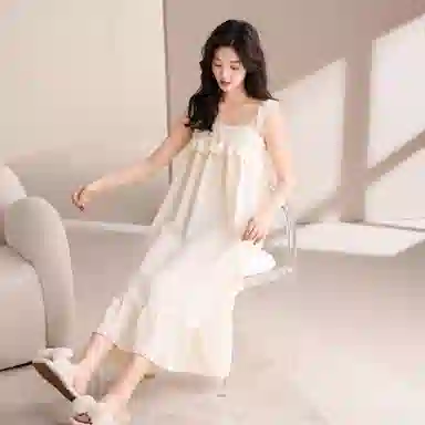 夏芬妍 甜美公主风蕾丝蝴蝶结吊带云朵棉睡衣家居服简约休闲带胸垫可外穿夏季睡裙 女款