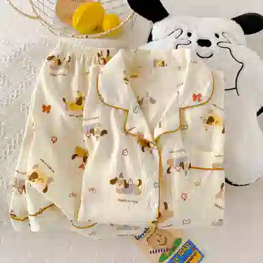 夏芬妍 柔软舒适欢乐腊肠狗云朵棉翻领开衫家居服亲肤休闲短袖短裤可外穿睡衣套装 女款 杏色