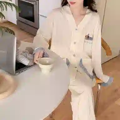 夏芬妍 甜美休闲舒适可爱腊肠狗提花开衫家居服亲肤宽松长袖长裤时尚可外穿睡衣套装 女款 杏色