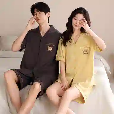夏芬妍 简约舒适柔软纯色卡通兔子纯棉翻领家居服透气亲肤宽松短袖短裤可外穿睡衣套装 男女同款