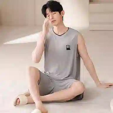 夏芬妍 简约时尚柔软亲肤纯色圆领背心短裤家居服休闲可外穿夏睡衣套装 男款