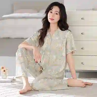 夏芬妍 简约柔软舒适花卉满印翻领短袖上衣家居服亲肤休闲可外穿长裤睡衣套装 女款 灰绿色