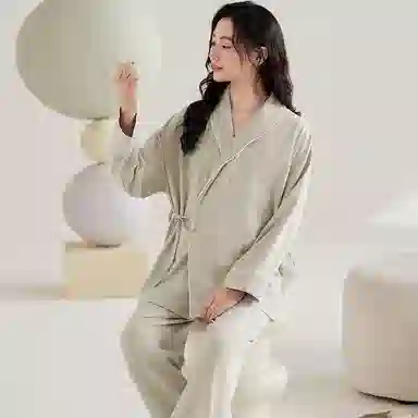 夏芬妍 舒适亲肤纯色带胸垫家居服休闲宽松长袖长裤可外穿产前产后和服月子服睡衣套装 女款 绿色