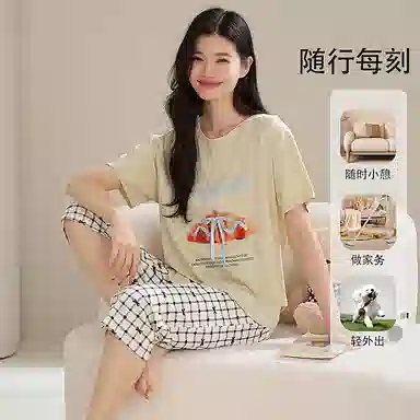 夏芬妍 简约大方柔软蝴蝶结可颂格子裤圆领家居服亲肤休闲舒适短袖七分裤可外穿睡衣套装 女款 浅黄色