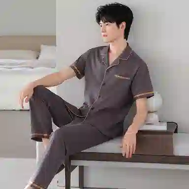 夏芬妍 简约时尚大方柔软舒适纯色字母边翻领家居服亲肤休闲短袖长裤可外穿睡衣套装 男款