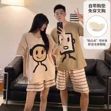 夏芬妍 简约时尚柔软亲肤卡通条纹圆领短袖短裤家居服休闲可外穿夏季睡衣套装 男女同款