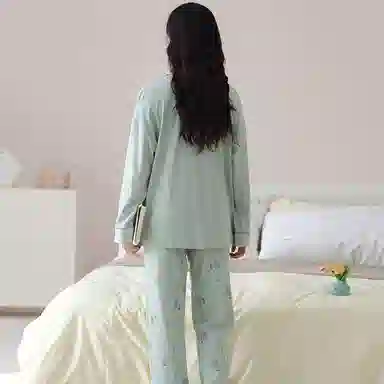 夏芬妍 休闲舒适简约高级感印花经典翻领开衫家居服柔软亲肤长袖长裤可外穿睡衣套装 女款 蓝色