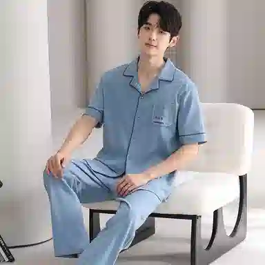 夏芬妍 简约舒适纯色纯棉翻领家居服亲肤宽松休闲短袖短裤长裤三件套时尚可外穿睡衣套装 男款 蓝色