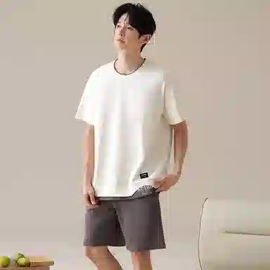 夏芬妍 亲肤舒适假两件纯棉圆领家居服柔软休闲短袖短裤时尚可外穿睡衣套装 男款 杏色
