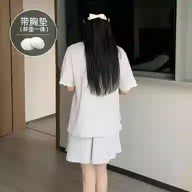 夏芬妍 柔软舒适慵懒风卡通兔子圆领家居服亲肤休闲带胸垫短袖短裤时尚可外穿睡衣套装 女款 灰色