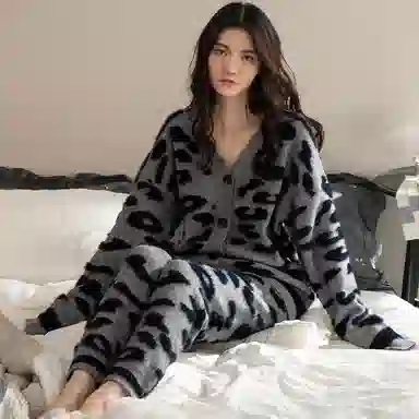 夏芬妍 简约时尚豹纹开衫家居服保暖舒适休闲可外穿睡衣套装 女款 黑灰色