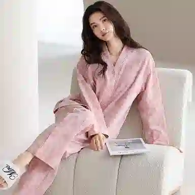 夏芬妍 时尚简约亲肤扎染风纯棉带胸垫开衫家居服舒适休闲长袖长裤可外穿春秋款睡衣套装 女款 粉色