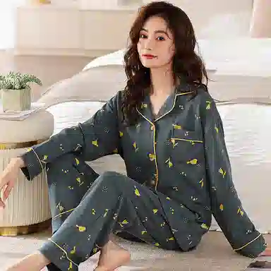 夏芬妍 亲肤舒适郁金香小鸟翻领纯棉家居服简约休闲宽松长袖长裤可外穿睡衣套装 女款 藏青色