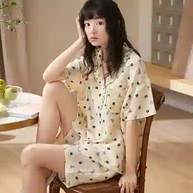 夏芬妍 甜美柔软舒适碎花蝴蝶结花边云朵棉翻领家居服亲肤休闲短袖短裤可外穿睡衣套装 女款 杏色
