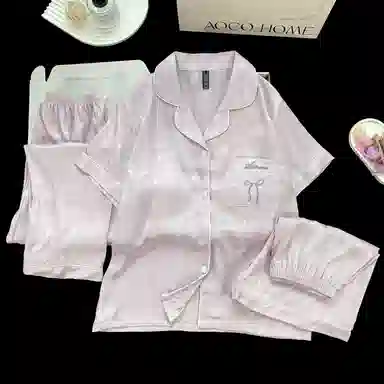 夏芬妍 简约休闲高级感蝴蝶结冰丝翻领带胸垫家居服舒适亲肤宽松短袖三件套可外穿睡衣套装 女款 紫色
