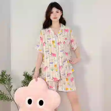 夏芬妍 柔软舒适卡通游乐小象云朵棉翻领开衫家居服亲肤休闲短袖三件套时尚可外穿夏季睡衣套装 女款