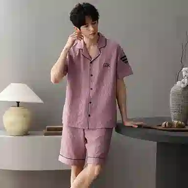 夏芬妍 简约舒适柔软字母提花云朵棉翻领开衫家居服亲肤休闲短袖短裤时尚可外穿睡衣套装 男款 紫粉色