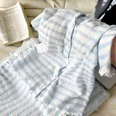 夏芬妍 舒适百搭条纹带胸垫开衫家居服亲肤休闲短袖时尚可外穿睡衣套装 女款 蓝色