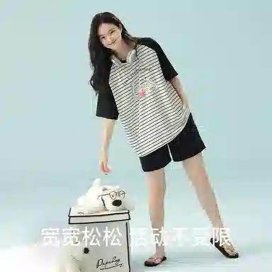 夏芬妍 柔软舒适透气亲肤条纹萌狗圆领家居服休闲凉感短袖时尚可外穿睡衣套装 女款 黑色
